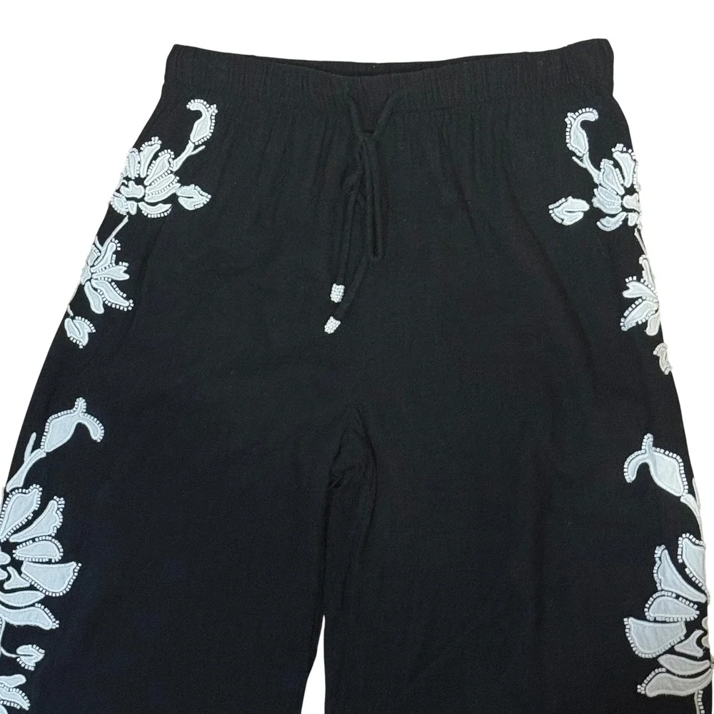 Zara Black Beaded Floral Embroidered Wide Leg Pants Size Small
